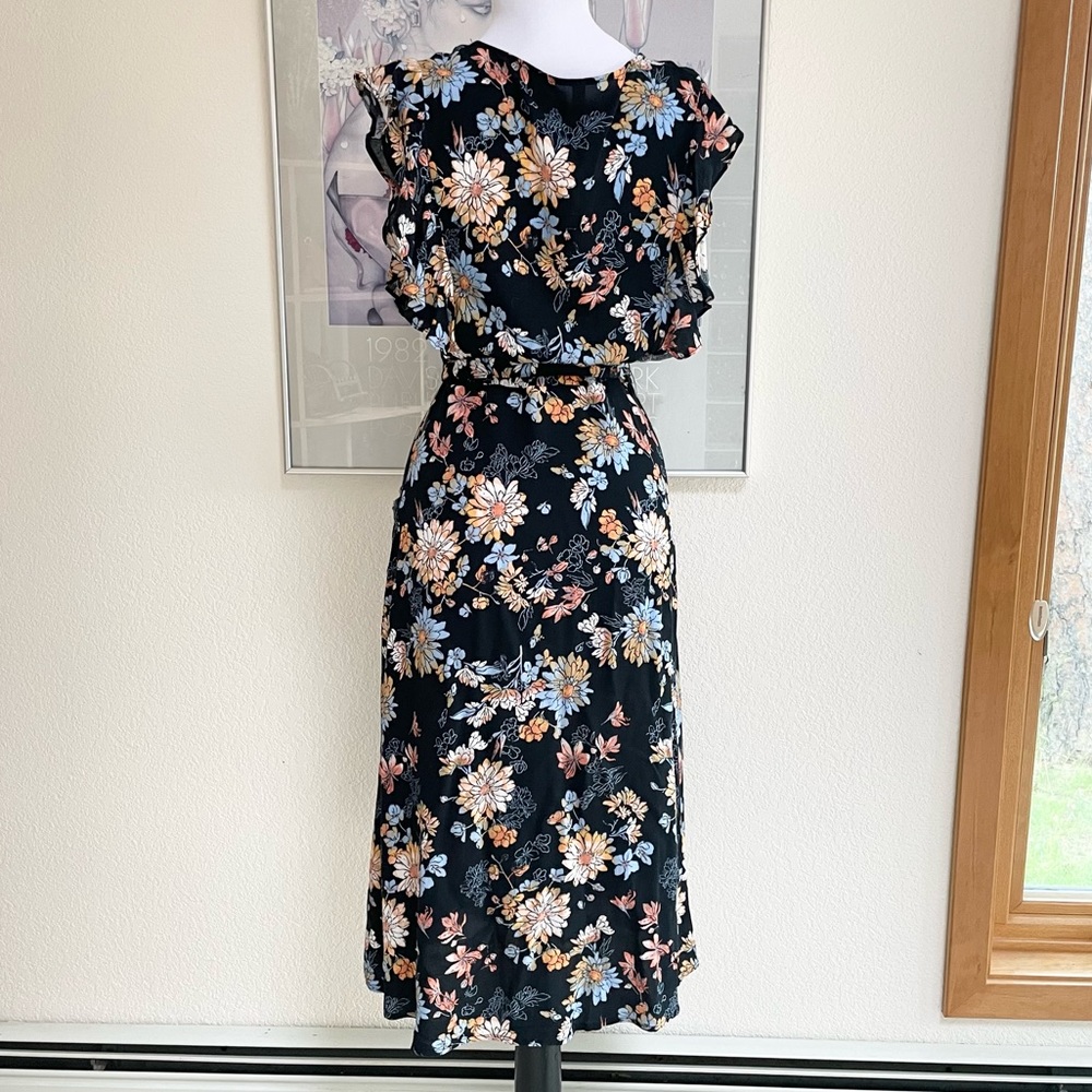 Xhilaration Retro 70s Flutter Ruffled Belted Floral Midi Dress S Pockets Navy - Picture 6 of 7